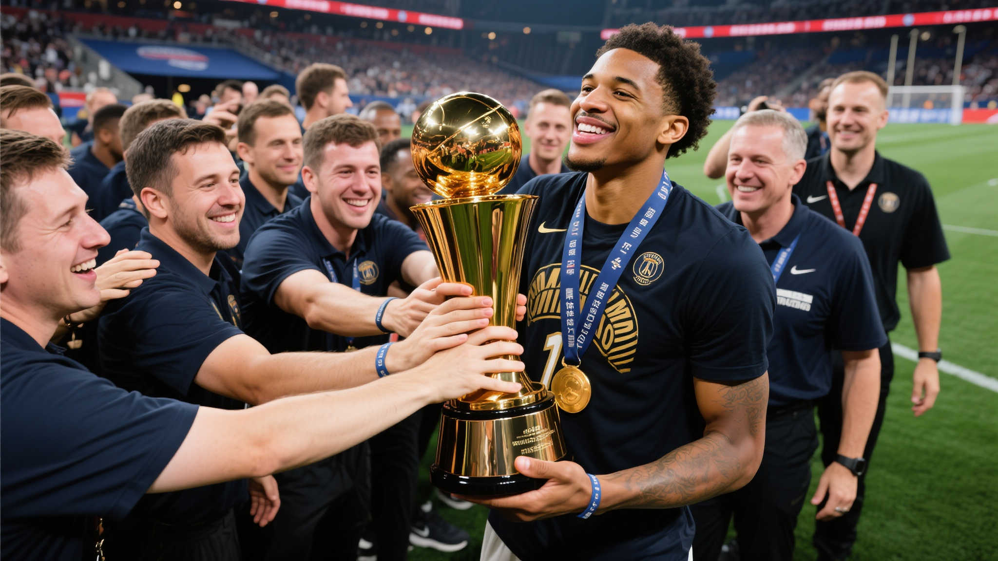 荣耀共享!杰伦-威廉姆斯与团队携手触摸奖杯共庆胜利 前言:感动瞬间见证团队精神胜利的背后力量
在充满